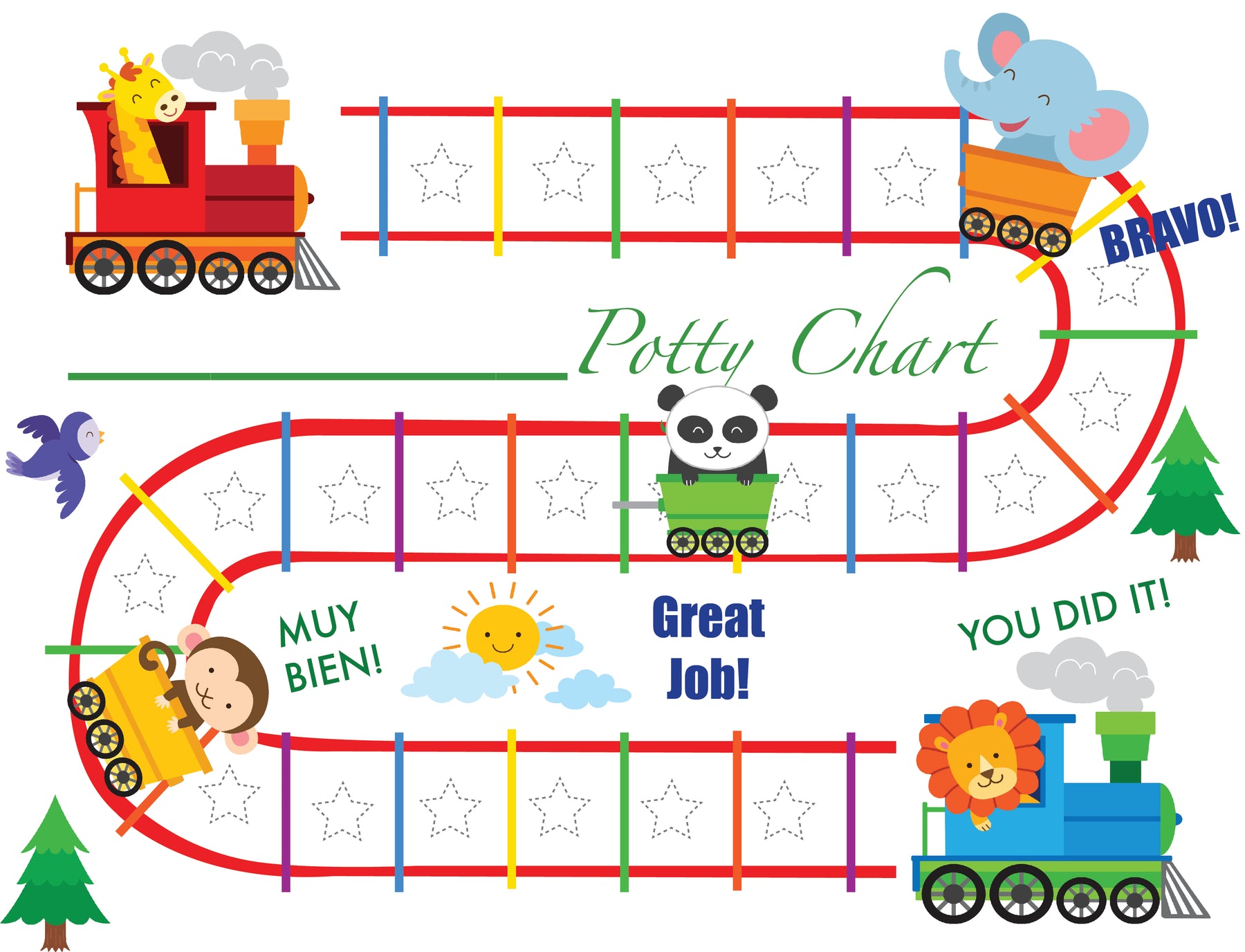 Printable Animal Train English Potty Training Reward Chart Download