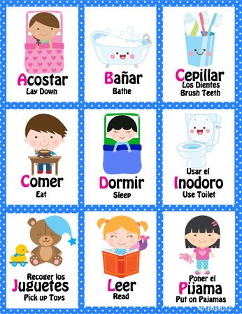 Mi LegaSi Bilingual Bedtime Routine Flashcards and Reward Chart Printable Download Blue - Mi LegaSi