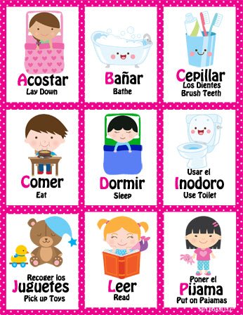 Mi LegaSi Bilingual Bedtime Routine Flashcards and Reward Chart Printable Download Pink - Mi LegaSi