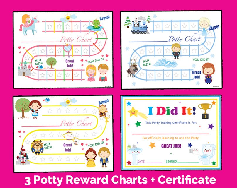 Printable Girls 3 Pack Pink Princess Bilingual SPanish Potty Training Reward Charts and Certificate Download - Mi LegaSi